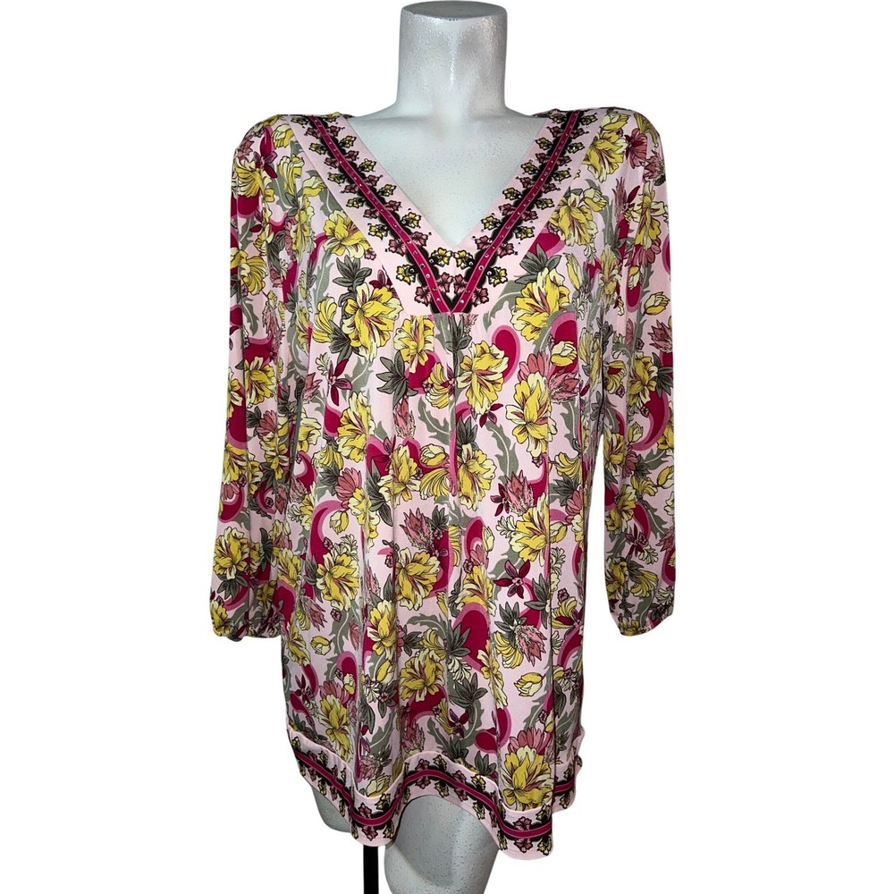 JM Collection Pink Floral Embellished V-Neck 3/4 Sleeve Tunic Top Women's Sz‎ XL